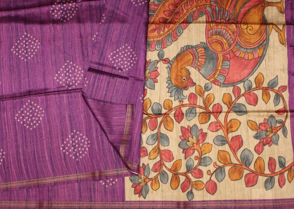 Semi Tussar Purple Saree with Batik and Kalamkari Designs