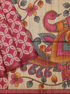Semi Tussar Saree in Bright Pink Shades with Geometric Patterns