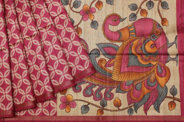 Semi Tussar Saree in Bright Pink Shades with Geometric Patterns