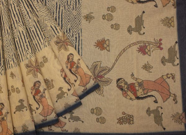Kota Fancy Saree in Beige with Geometric and Folk Art Prints