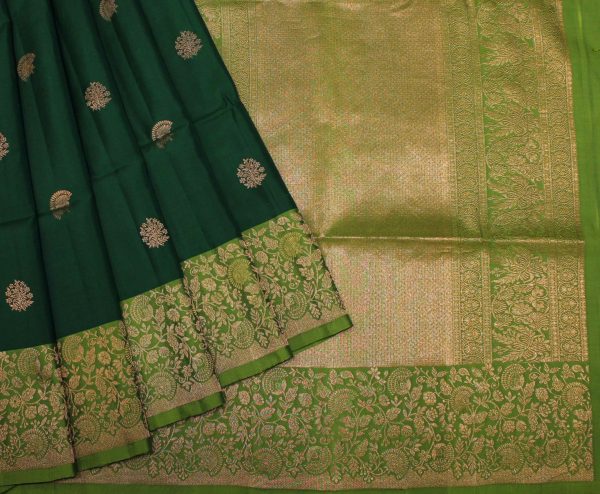 Handloom Pure Soft Silk Saree In Dark Bottle Green With Antique Zari