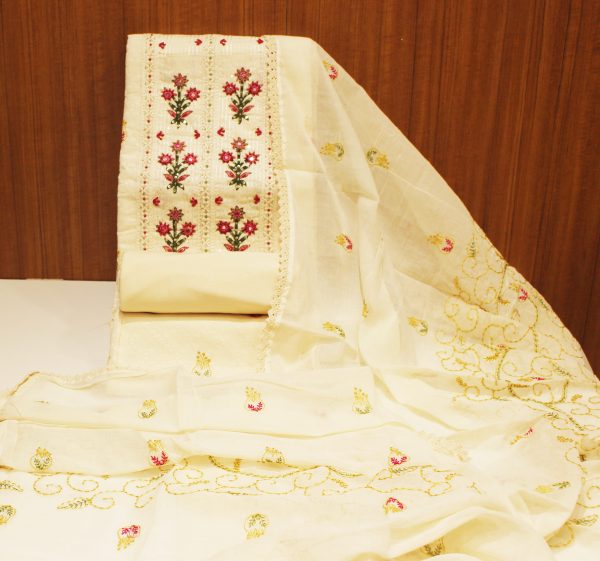 White Cotton Salwar Material French Knot Work