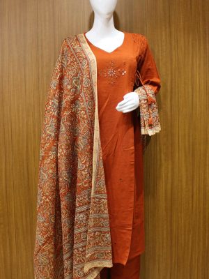 Rust Orange Cotton Salwar Set Kalamkari Dupatta