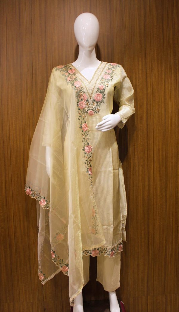 Cream White Tissue Silk Salwar Sets