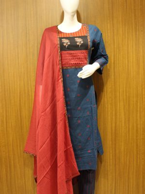 Navy Blue Cotton Salwar Set Red Dupatta