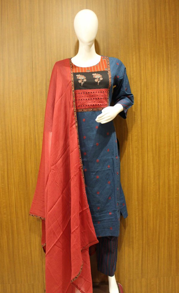 Navy Blue Cotton Salwar Set Red Dupatta