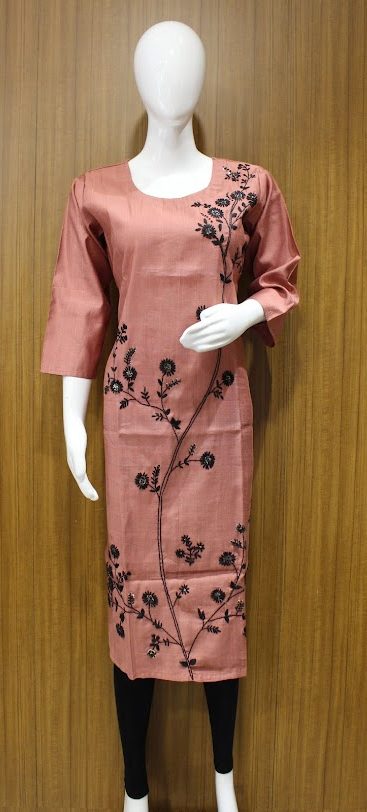 Dusty Rose Kurti With Black Floral And Leaf Motifs In Thread Work