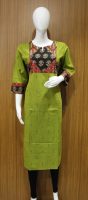 Leaf Green Kurti In Patch Work Design With Ikkat Cotton