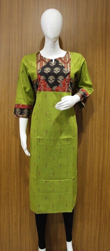 Leaf Green Kurti In Patch Work Design With Ikkat Cotton