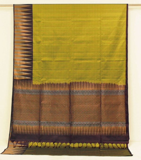 Handloom Soft Silk Saree In Olive Brown With Temple Border