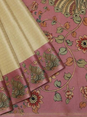 Semi Tussar Saree with Kalamkari Checks