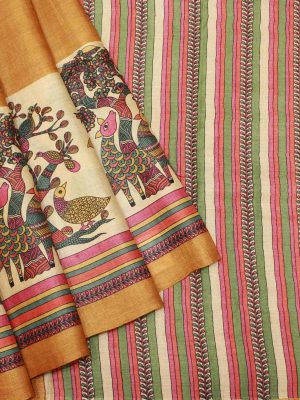 Mustard Yellow Tussar Silk Kalamkari Saree