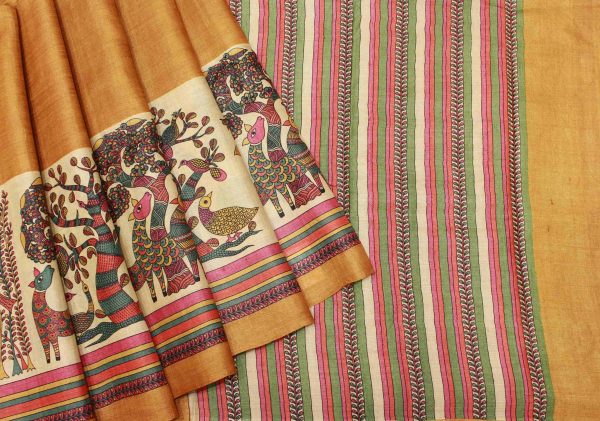 Mustard Yellow Tussar Silk Kalamkari Saree