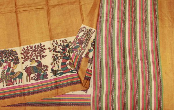 Mustard Yellow Tussar Silk Kalamkari Saree