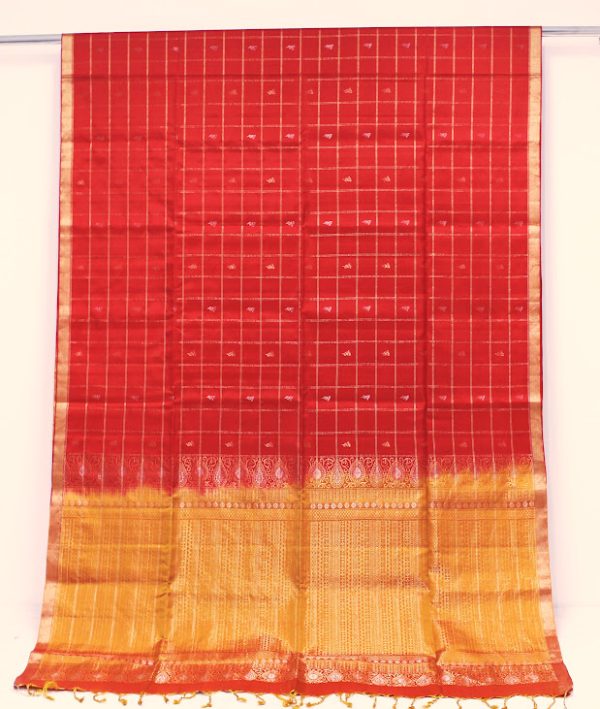 Red Soft Silk Saree with Checks