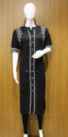 Chinese Collar Kurti In Charcoal Grey With White And Brown Thread Work
