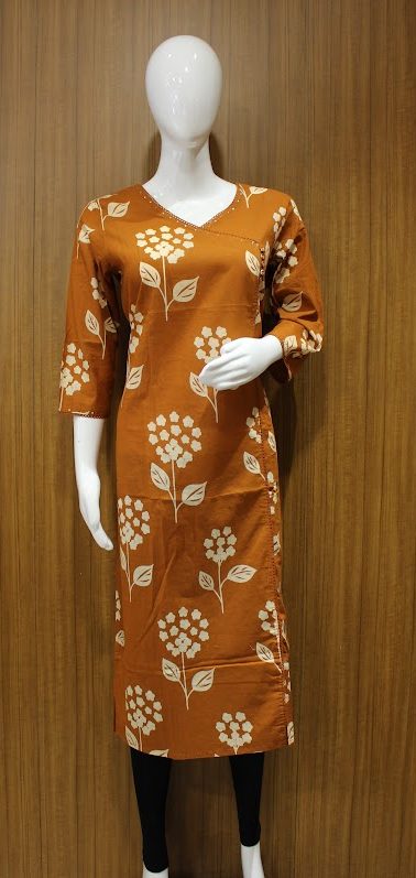 Rust Orange Kurti In Side Wrap With Floral Prints