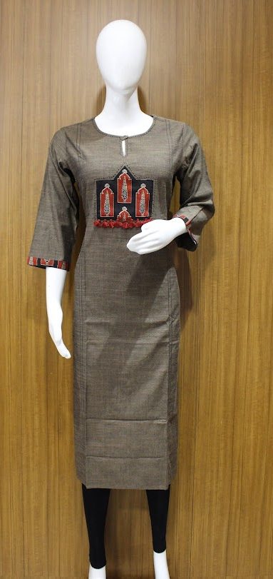 Yoke Motifs Design In Brown Kurti With Thread Work