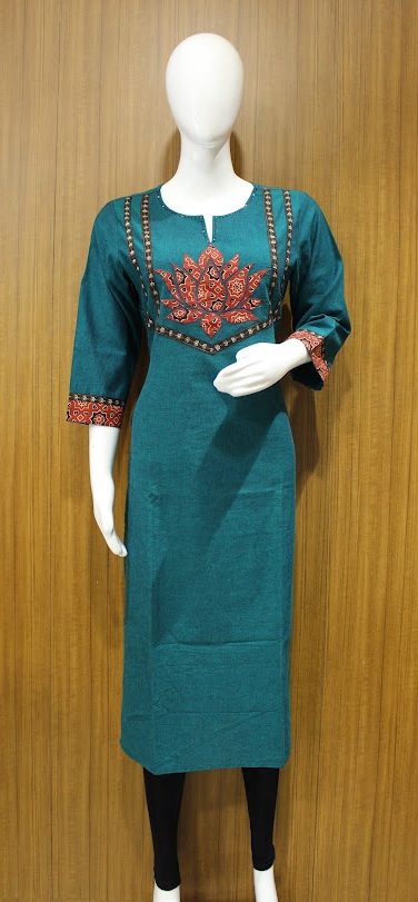 Teal Blue Kurti In Patch Work Embroidery With Thread Work