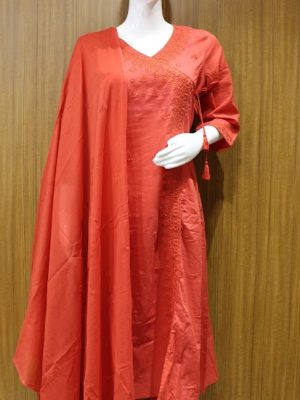 Peach Pink Shade Salwar In V-neckline With Thread Embroid