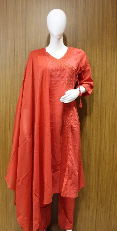 Peach Pink Shade Salwar In V-neckline With Thread Embroid