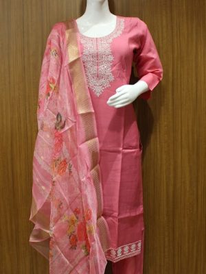 Dusky Rose Salwar Set In Thread Work With Printed Dupatta