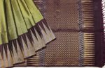 Handloom Soft Silk Saree In Olive Brown With Temple Border