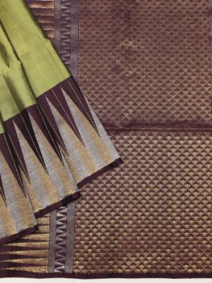 Handloom Soft Silk Saree In Olive Brown With Temple Border
