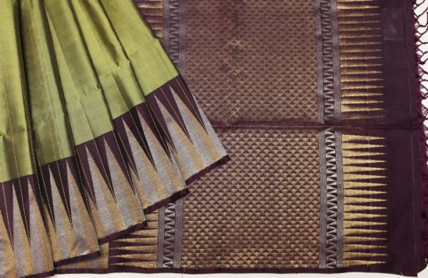 Handloom Soft Silk Saree In Olive Brown With Temple Border