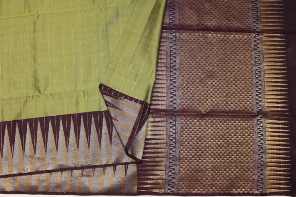 Handloom Soft Silk Saree In Olive Brown With Temple Border