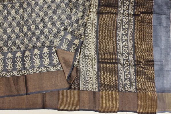 Pure Tussar Silk Saree In Davy GreyWith Golden Zari Border