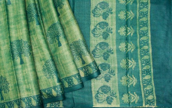 Pure Tussare Silk Saree In Lichen Green