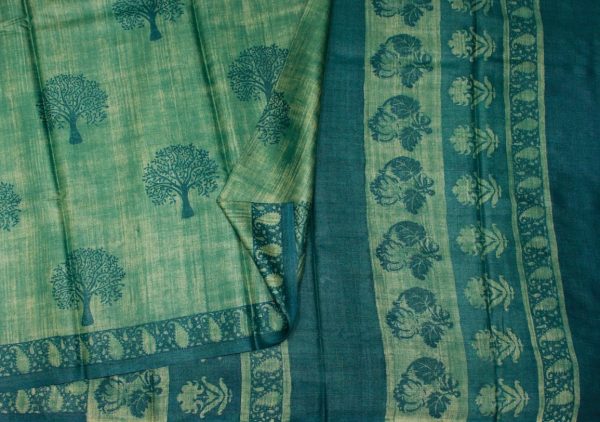 Pure Tussare Silk Saree In Lichen Green