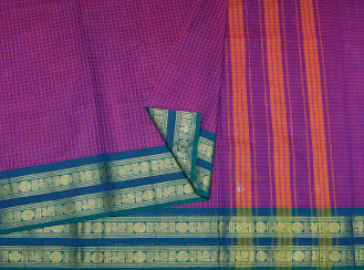 Kanchi Chettinad Cotton Saree In Dark Purple With Rudraksha And Peacock Motifs