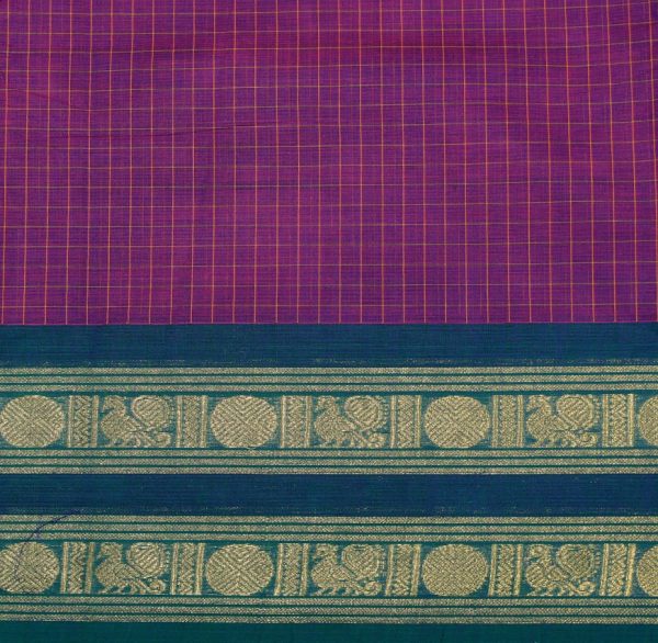 Kanchi Chettinad Cotton Saree In Dark Purple With Rudraksha And Peacock Motifs