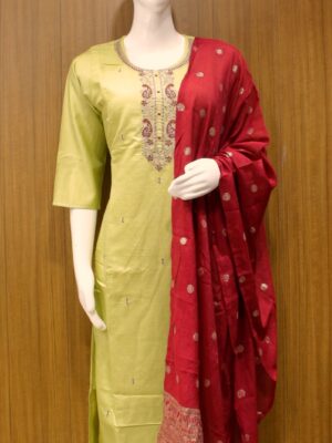 Lime Green Cotton Salwar Set with Banarasi Dupatta