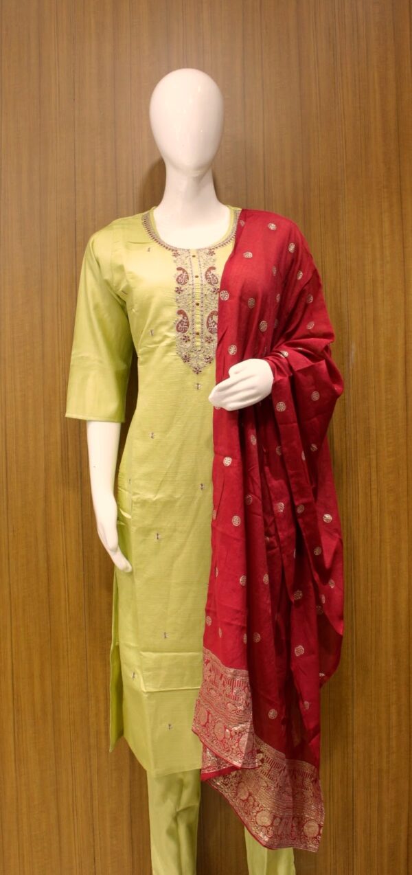 Lime Green Cotton Salwar Set with Banarasi Dupatta