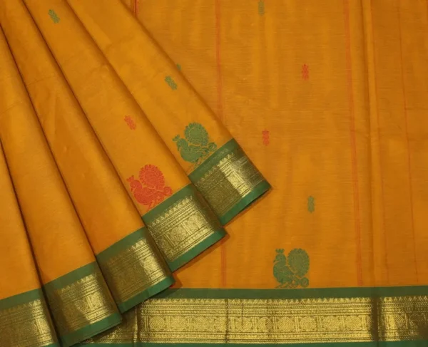 Kanchi Chettinad Cotton In Turmeric Yellow With Peacock Motifs