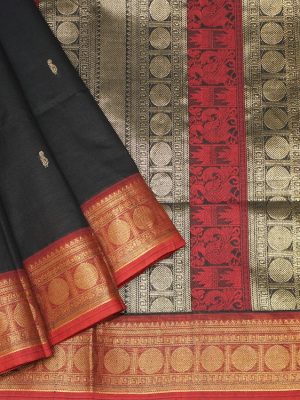 Kanchi Chettinad Cotton Saree In Black With Contrast Border