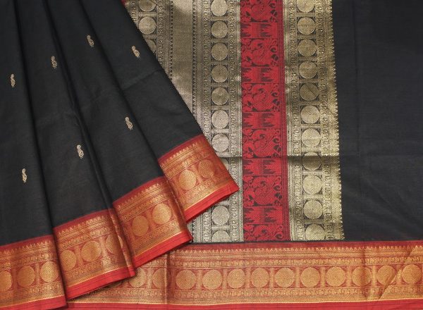 Kanchi Chettinad Cotton Saree In Black With Contrast Border