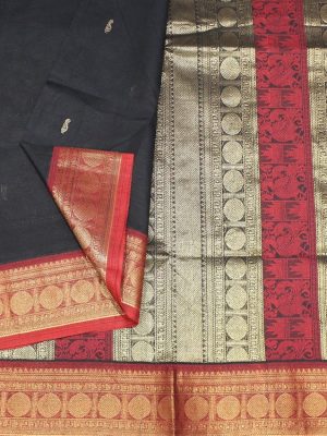 Black Chettinad Kanchi Cotton Saree with contrast red zari border