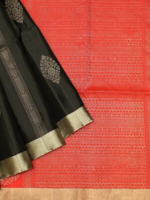 Pure Soft Silk Saree In Birch Black With Red Pallu