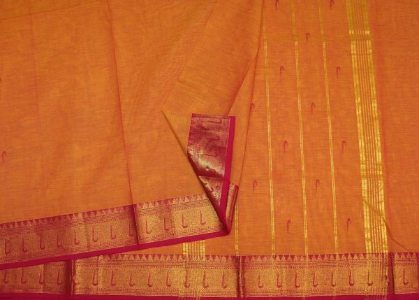 Chettinad Kanchi Cotton In Orange With Gold Zari