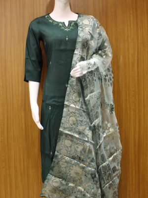 Dark Green Salwar Set In Silk Blend