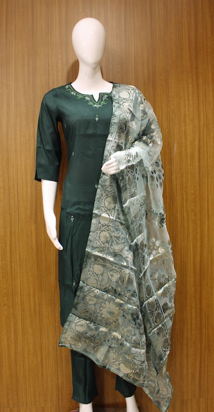 Dark Green Salwar Set In Silk Blend