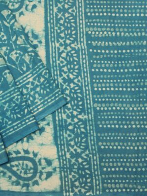 Mulmul Cotton Saree In Smalt Blue With Geometric Motifs