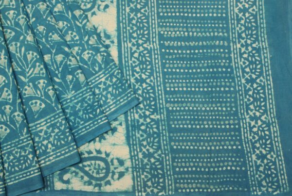 Mulmul Cotton Saree In Smalt Blue With Geometric Motifs