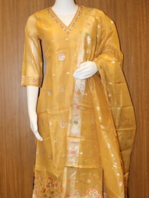 Semi Chanderi Salwar Set In Tissue In Yellow Shade