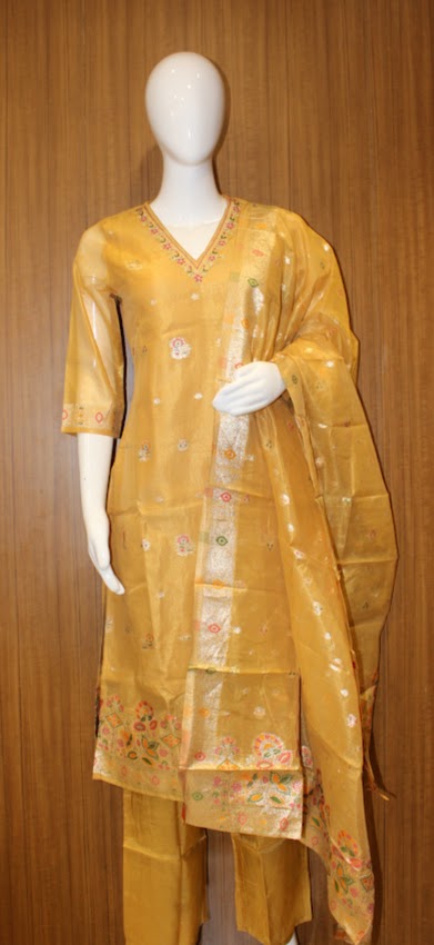 Semi Chanderi Salwar Set In Tissue In Yellow Shade