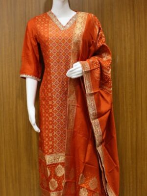 Rust Orange In Salwar Silk Material With Bandhani Work
